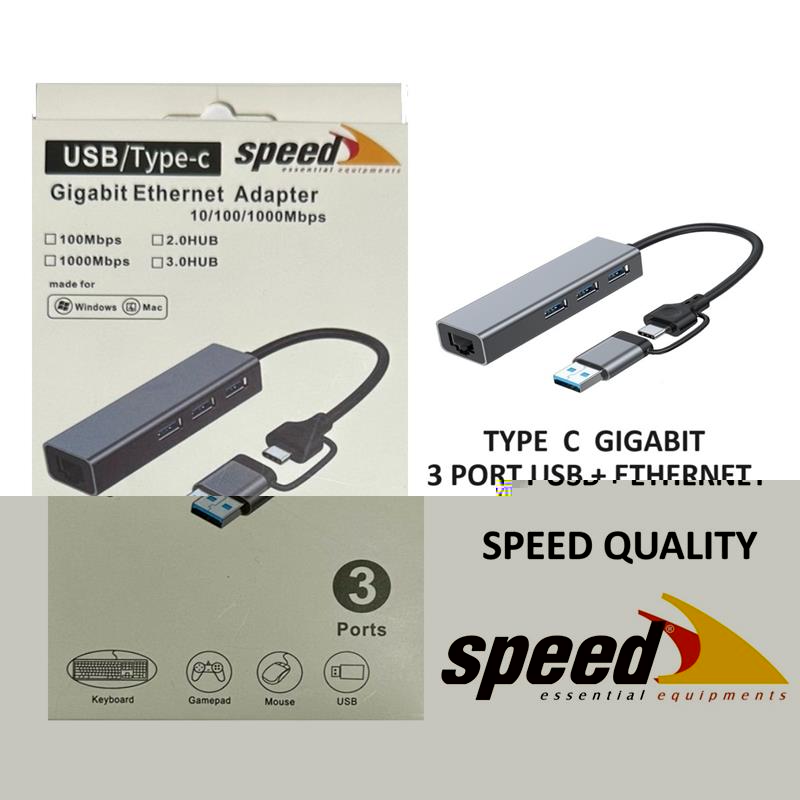 SPEED SP-UET01 USB3.0/TYPE-C 3 PORT USB 3.0 ÇOKLAYICI GIGABIT ETHERNET DÖNÜŞTÜRÜCÜ