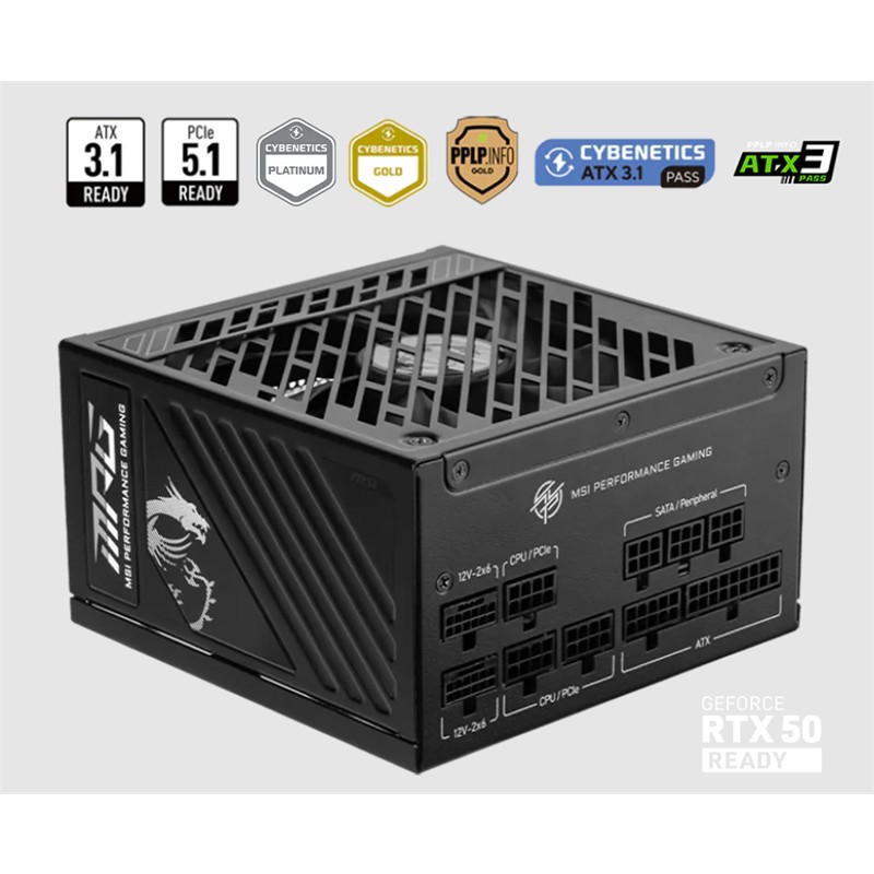 MSI PSU MPG A1250GS PCIE5 1250W 80+ GOLD ATX 3.1 PCIE 5.1 2X 12V-2X6 POWER SUPPLY 