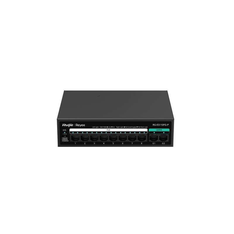 RUIJIE REYEE RG-ES110FG-P 8 PORT 10/100 + 2XGB RJ45 UPLINK METAL KASA 110W POE SWITCH 