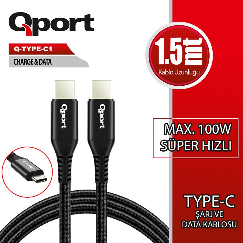 QPORT Q-TYPE-C1 1.5 METRE TYPE-C 100W PD ŞARJ VE DATA KABLOSU